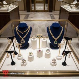 ویترین یک فروشگاه طلا و جواهر با طراحی اصولی و چیدمان جذاب، که در آن انواع طلا و سنگ‌های قیمتی به زیبایی نمایش داده شده‌اند. این تصویر بر اهمیت مهارت‌های وترین‌داری و اصول طراحی برای جذب مشتری در صنعت طلا و جواهر تأکید دارد.