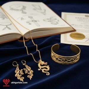 مجموعه‌ای نفیس از زیورآلات طلای دست‌ساز (گوشواره، گردنبند، دستبند) به همراه یک مدرک معتبر و قابل ترجمه سازمان فنی و حرفه‌ای، نمادی از مهارت‌آموزی و ورود به بازار کار طلاسازی.