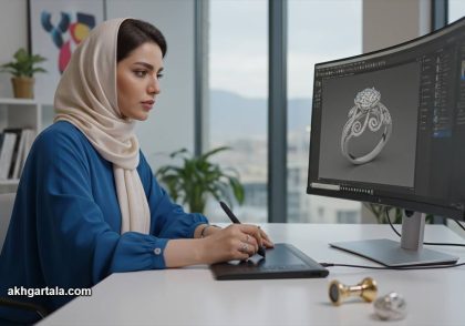 تصویر شاخص آموزش طراحی جواهرات سه بعدی با نرم افزار ماتریکس گلد در ارومیه. زنی با حجاب در حال طراحی دیجیتال یک انگشتر نگین‌دار روی کامپیوتر، نمادی از انقلاب در طلاسازی مدرن و بازار کار پردرآمد آن.