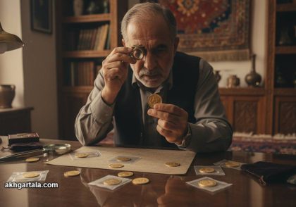 تصویری از یک متخصص سکه‌شناسی ایرانی که در حال بررسی دقیق یک سکه طلا با ذره‌بین جواهرسازی است. این تصویر اهمیت تشخیص سکه اصلی از سکه تقلبی در بازار سرمایه‌گذاری و طلا را نشان می‌دهد.
