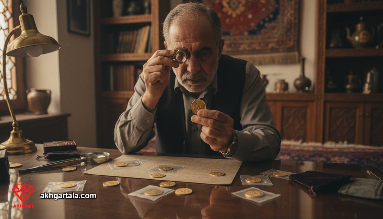 تصویری از یک متخصص سکه‌شناسی ایرانی که در حال بررسی دقیق یک سکه طلا با ذره‌بین جواهرسازی است. این تصویر اهمیت تشخیص سکه اصلی از سکه تقلبی در بازار سرمایه‌گذاری و طلا را نشان می‌دهد.