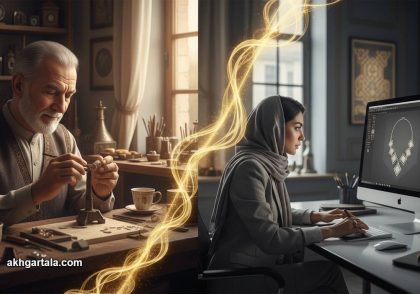 تصویری از تلاقی هنر طراحی سنتی طلا و جواهر (ساخت با موم) با فناوری نوین و نرم‌افزار ماتریکس گلد، نشان‌دهنده تحول صنعت طلاسازی در ایران و افزایش دقت و سرعت.