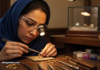 زنی هنرمند و جواهرساز ایرانی در حال مخراج‌کاری و سوار کردن یک الماس برلیان بر روی انگشتری طلا، نشان‌دهنده دقت و هنر جواهرسازی در کارگاه آکادمی اخگر.