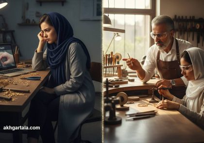 مقایسه آموزش رایگان و خودآموز طلاسازی در مقابل یادگیری حرفه‌ای در کارگاه، نمایش تفاوت در ابزار، دقت کار و اهمیت استاد در صنعت طلا و جواهر.