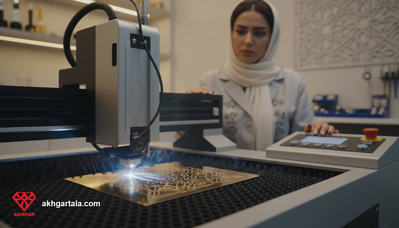تصویر شاخص: برش لیزری طلا در یک کارگاه مدرن ایرانی، با تمرکز بر دقت میکرونی دستگاه و طراحی ظریف طلای اسلیمی، نمادی از پیشرفت صنعت طلا در ارومیه.