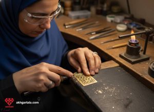 دستان یک طلاساز ایرانی در حال برش دقیق ورق طلای ۱۸ عیار با اره مویی در کارگاه، نمایش ظرافت و مهارت در طلاسازی و جلوگیری از کسری طلا.