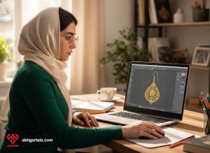 هنرجوی ایرانی در حال کار با نرم‌افزار کورل‌دراو برای طراحی وکتور جواهرات طلا، آموزش پیش‌نیازهای برش لیزری و ساخت پلاک اسم.