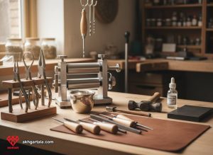 ابزارهای اصلی و ضروری طلاسازی شامل بوته ذوب، غلطک نورد، انبرها، سوهان‌های زرگری و چکش، معرفی شده برای شروع آموزش طلاسازی از صفر.