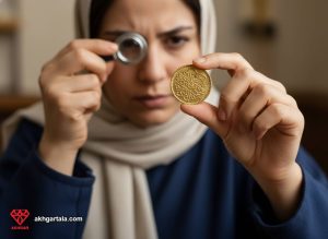 نمای نزدیک دست‌های یک فرد ایرانی در حال بررسی دقیق جزئیات کنگره‌ها و نوشته‌های یک سکه طلا با لوپ. این تصویر بر اهمیت دقت بصری در تشخیص سکه‌های بانکی و غیربانکی تاکید دارد.