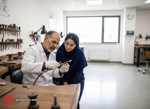 محیط ایمن و حرفه‌ای کارگاه آموزش طلاسازی با استاد ایرانی در حال راهنمایی دانشجو برای استفاده ایمن از مشعل و ابزار، تاکید بر نکات ایمنی در طلاسازی.