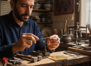 نمایی نزدیک از دستان یک طلاساز ایرانی در حال شکل‌دهی به قطعه‌ای ظریف از طلا با ابزارهای سنتی، مهارت طلاسازی دستی و هنر ساخت زیورآلات